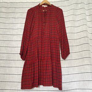 LOFT Red Tartan Plaid Tiered Long-Sleeved Dress L